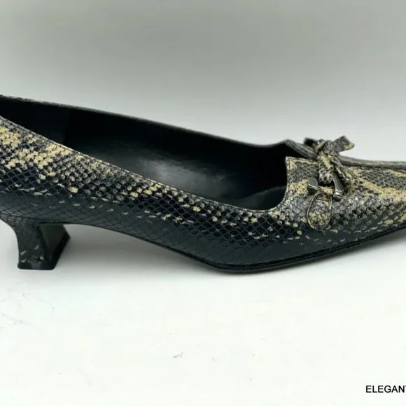 Stuart Weitzman Snakeskin Leather Pumps 7 M Black Tan Square Toe Kitten Heel - Picture 11 of 12
